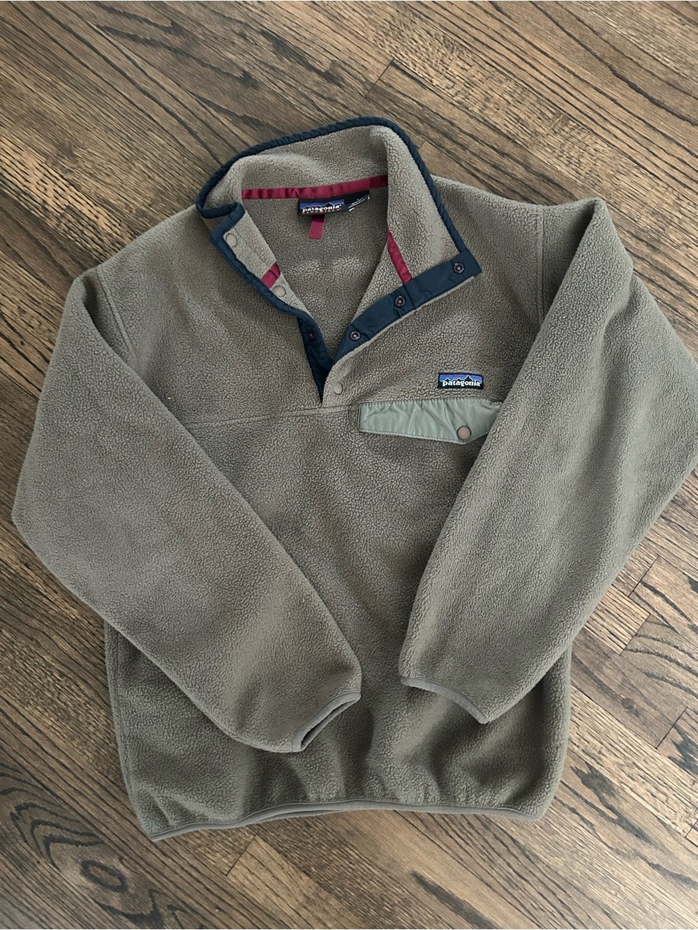 Patagonia Synchilla Olive Green Fleece Zip-Up Pullover with Navy Trim